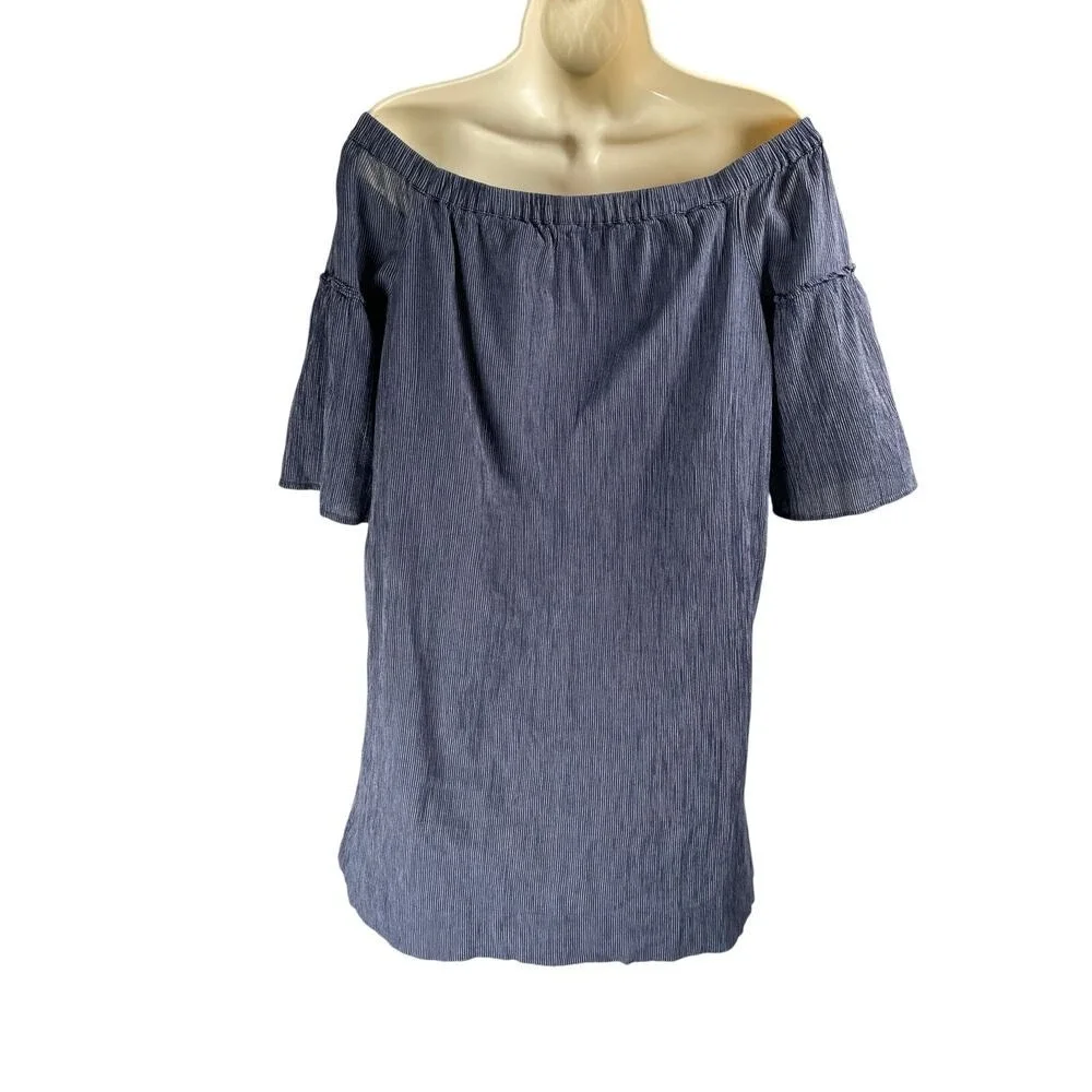 Madewell Dress Womens 8 Navy Stripe‎ Off Shoulder 100% Cotton Bell Sleeve G3457